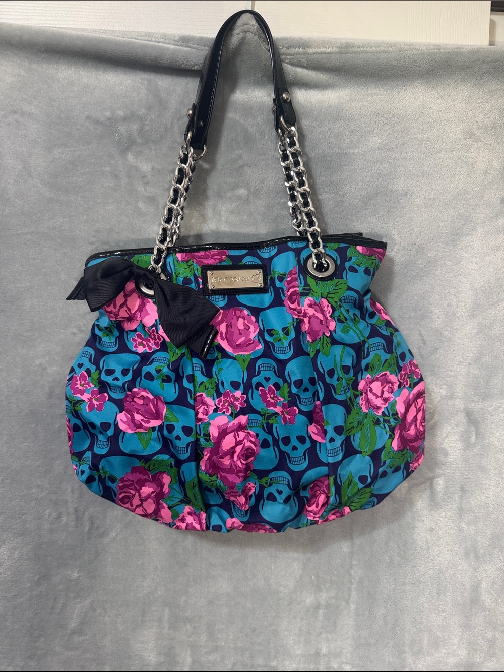 Betsey Johnson Blue Floral Skull Chain-Handle Shoulder Bag